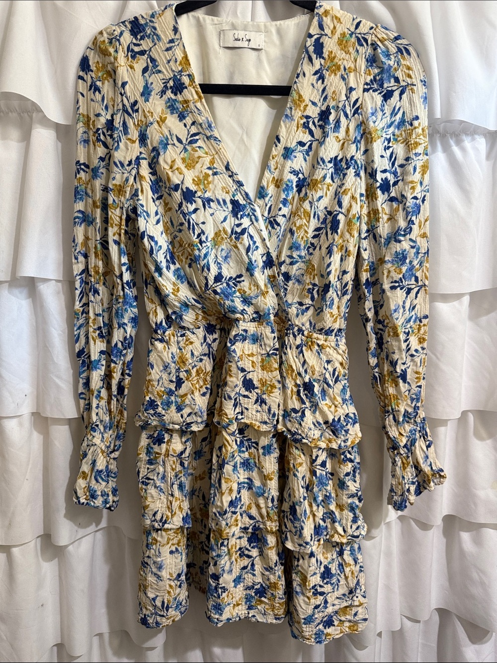 Sadie & Sage Cream Floral Wrap Tiered Long-Sleeve Dress